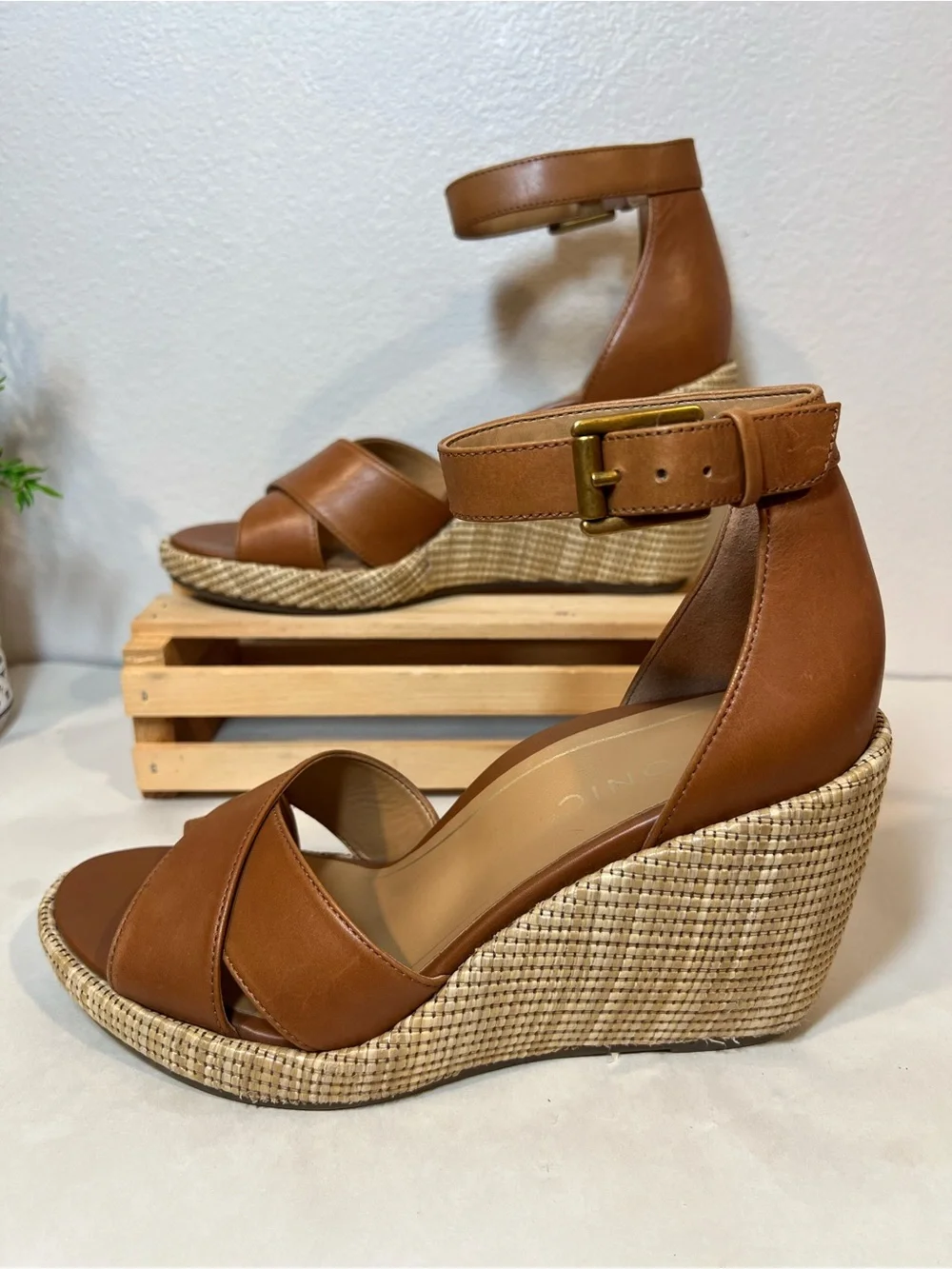 Vionic Tan Leather Espadrille Wedge Sandals with Ankle Strap